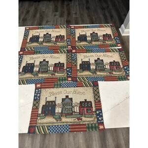Primitive Country Bless Our Home Woven Tapestry Placemats Set of 5 Folk Art USA